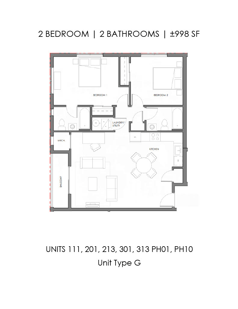 Floor plan for 2 beds, 2 baths, 998 sqft